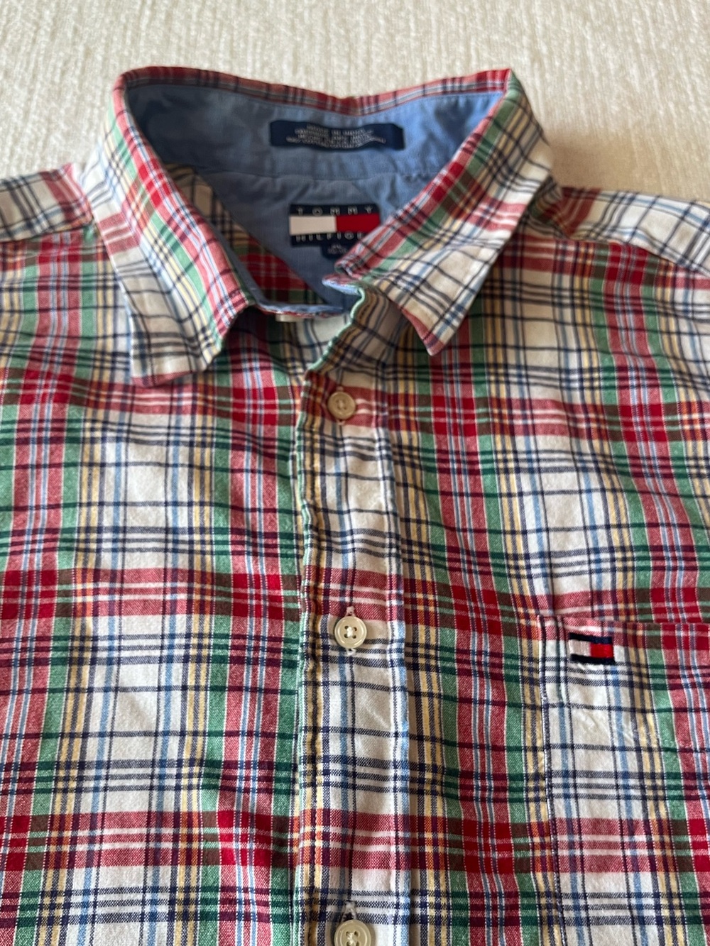 VTG Tommy Hilfiger Plaid Shirt Mens XL Short Sleeve Button Down Red Green 90s y2